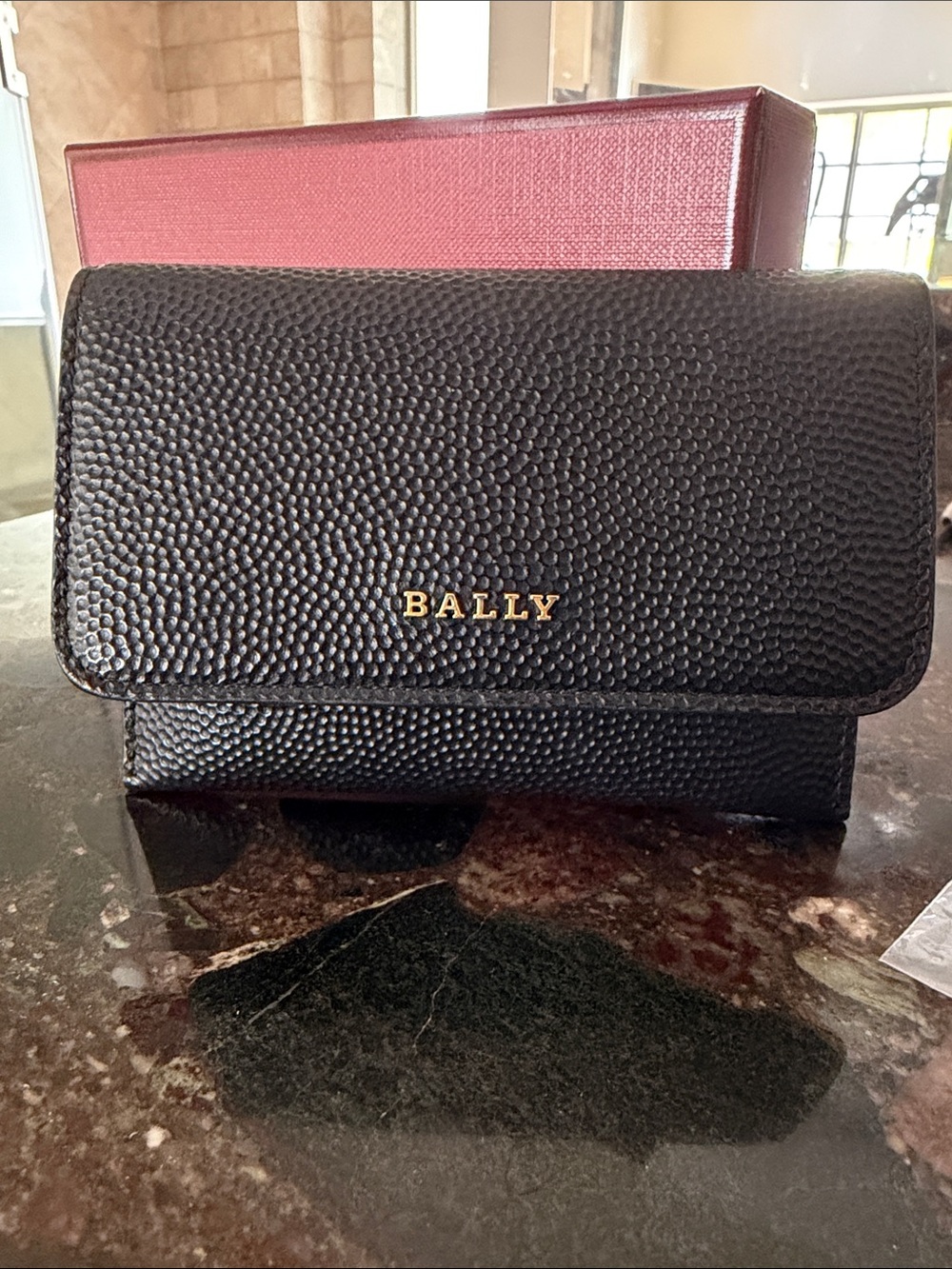 Authentic Bally Black Pebbled Leather Card Case with Gold Logo